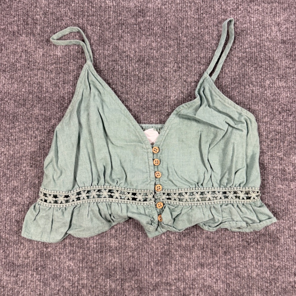 Skylar + Madison Linen Blend Lace Trim Crop Top Sage Green Size M Cottagecore